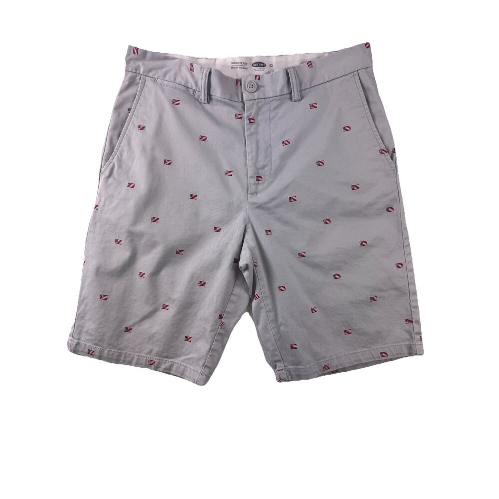 Old Navy Ultimate Slim Fit Chino Shorts Men’s 32 Gray American Flag EUC